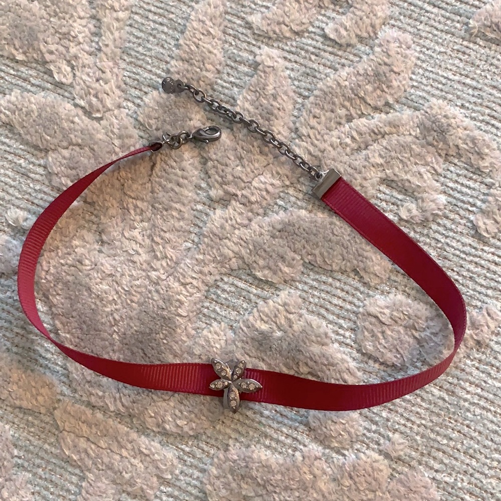 Wine Grossgrain Choker with Gunmetal Floral Charm
